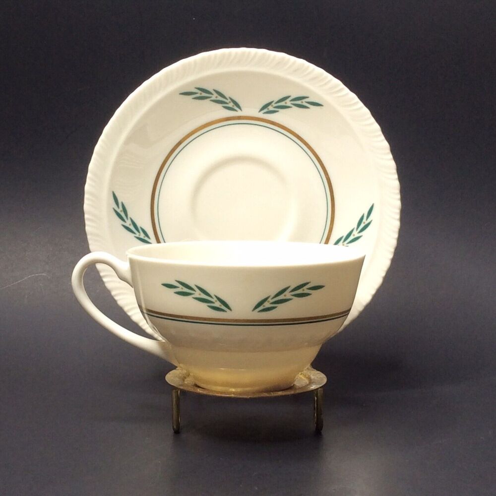 Coronation by Hanover Cup Saucer Green Leaf Gold Trim Scalloped 50s Vintage